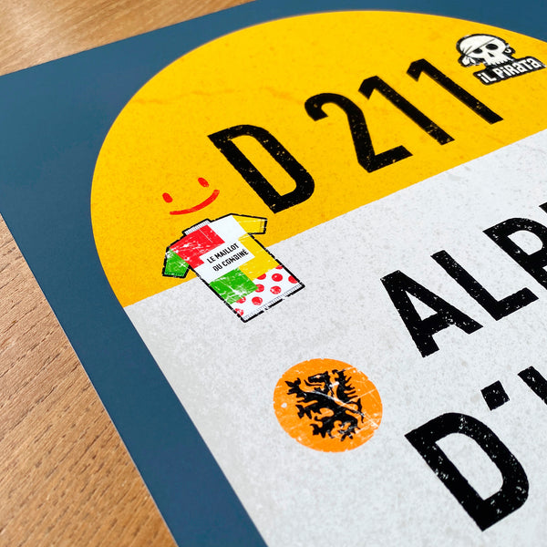 Alpe d'Huez personalised poster, french mountain road marker, detail of graffiti and stickers