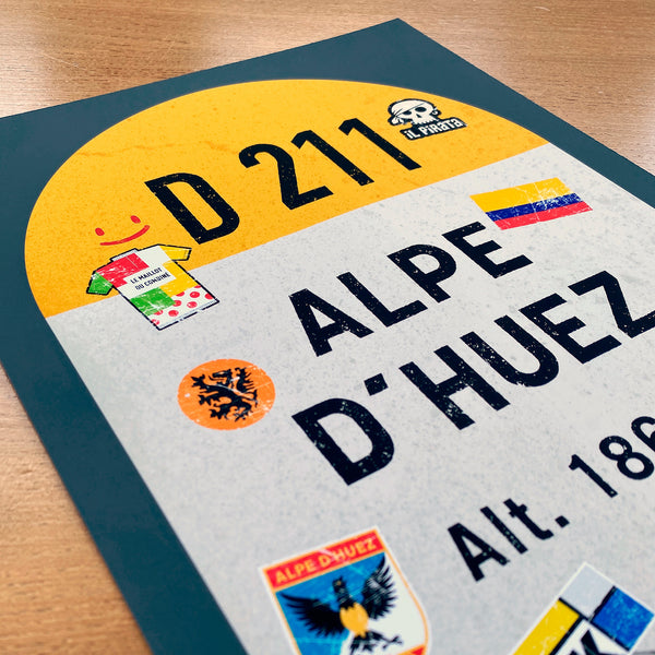 Alpe d'Huez personalised poster, french road sign, detail of graffiti and stickers