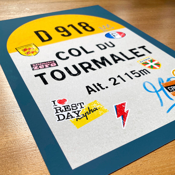 Col du Tourmalet personalised print, french climbs road sign, detail of graffiti and stickers