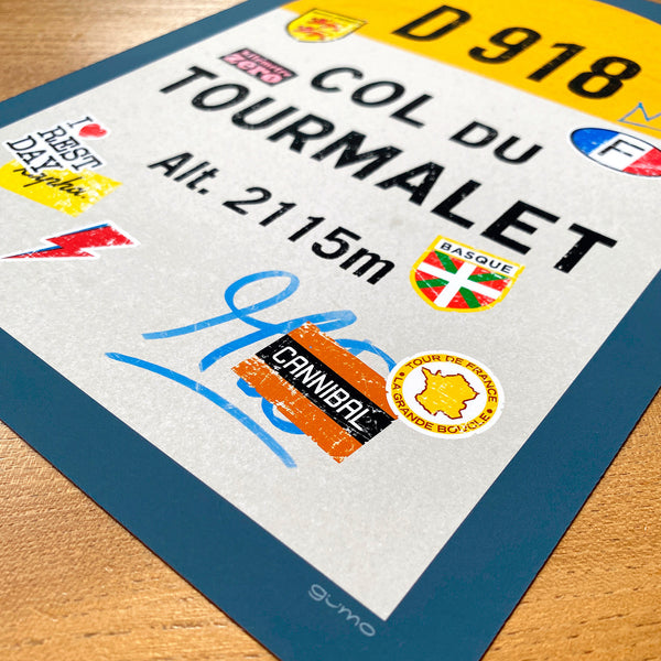 Col du Tourmalet personalised poster, french climbs road marker, detail of graffiti and stickers