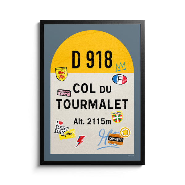 Col du Tourmalet, personalised cycling poster, french climbs road sign, displayed in plain black frame