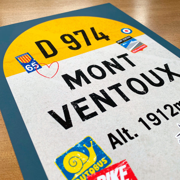 Mont Ventoux personalised poster, french road sign, detail of graffiti and stickers