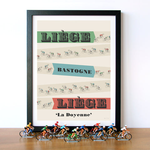 Liege-Bastogne-Liege Cycling Monuments Print, Displayed With Collection of Miniature Cycling Figurines