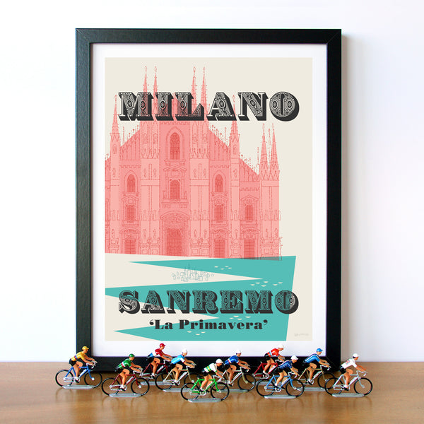 Framed Milan-Samremo Cycling Print With Cycling Figurines