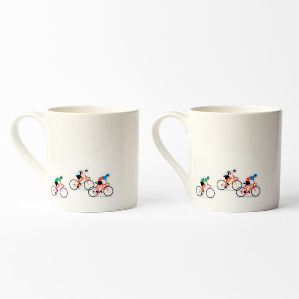 Set of Two Bone China Mugs, Breakaway Cycling Illustration
