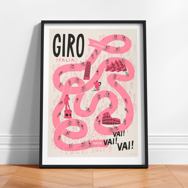 Framed poster with pink cycling route design and 'GIRO ITALIA' text on a white wall.