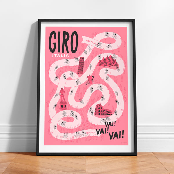 Framed poster of 'Giro Italia' design on a pink background with black text.