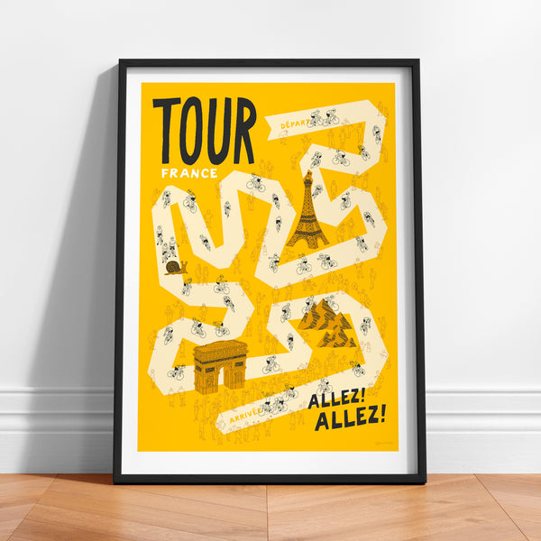 Framed poster of Tour de France design on a yellow background with hand drawn illustrations of cyclists, fans and famous French landmarks.