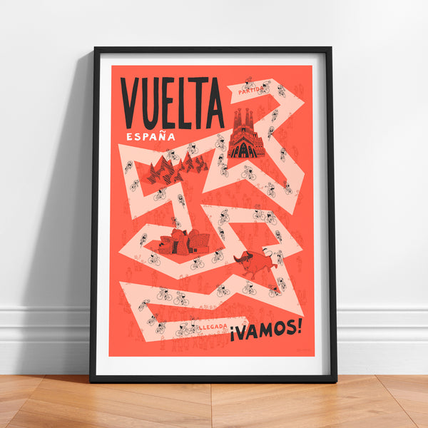 Framed poster with 'Vuelta a Espana' design on a white wall.