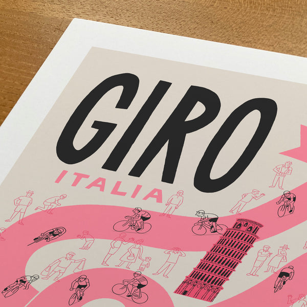 Poster with 'GIRO ITALIA' text and illustrations of people on bicycles and the Leaning Tower of Pisa.