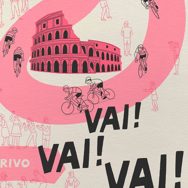 Illustration of the Colosseum with cyclists and text 'VAI! VAI! VAI!' on a pink and neutral background.