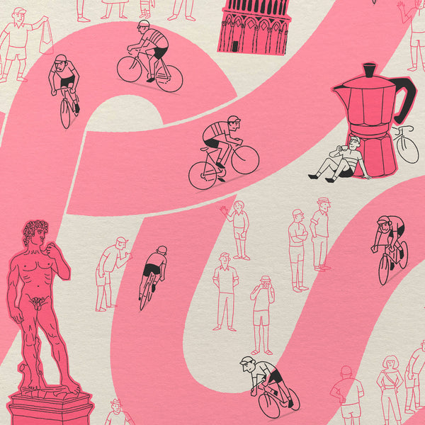 Detail from Giro d'Italia poster of illustrated cyclists, large coffee pot and the statue of David on a pink and beige background.