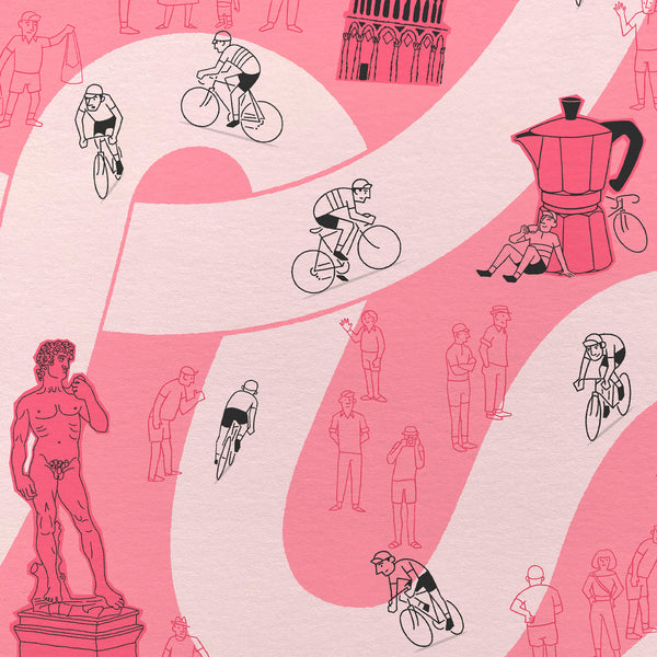 Close up detail of Giro Grand Tour cycling poster featuring a pale pink winding road against a darker pink background. The design includes hand drawn illustrations of riders, spectators, the statue Michelangelo's David and even a giant coffee pot!