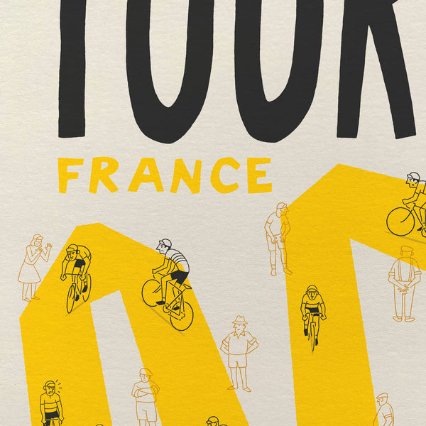 Poster with 'Tour de France' text and illustrations of cyclists and spectators on a neutral background.