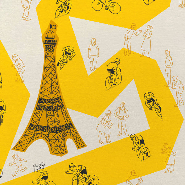 Detail showing close up of illustrated Eiffel Tower, spectators and cyclists on a yellow road and neutral background