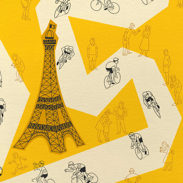 Close up detail of Tour Grand Tour cycling poster featuring a pale yellow road on a darker yellow background. The design includes hand drawn illustrations of cyclists, fans and the Eiffel Tower.