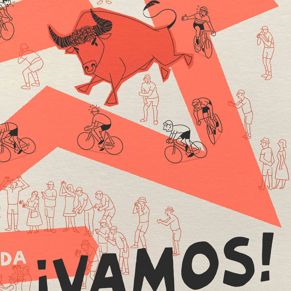 Illustration of a bull and people on bicycles with the text '¡VAMOS!' on a stylised orange road and neutral background.