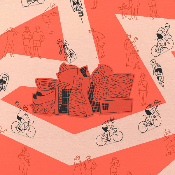 Close up detail of Vuelta Grand Tour cycling poster featuring a pale red winding road on a darker red background. The design includes hand drawn illustrations of cyclists, fans and the Guggenheim Museum in Bilbao.