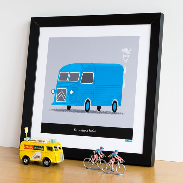 Broom Wagon cycling print in blue, size 30 x 30 cm