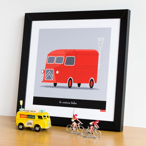 Broom Wagon cycling print in red, size 30 x 30 cm