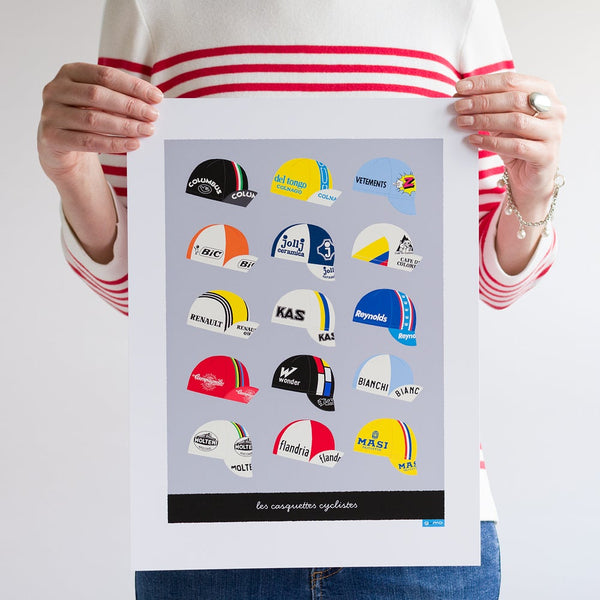 Vintage cycling caps poster, with a light grey background, size 30 x 40 cm, shown unframed