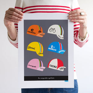 Retro cycling caps poster, with a dark grey background, 30 x 40 cm unframed