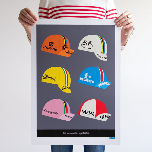Vintage cycling caps poster, with dark grey background, size A2 unframed