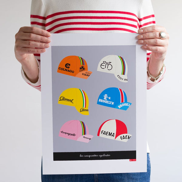 Classic cycling caps print, with a light grey background, 30 x 40cm unframed