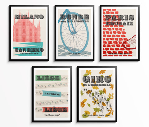 Framed Set of Five Cycling Monuments Art Prints