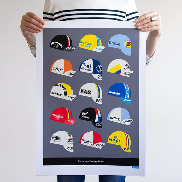 Retro Cycling Caps Poster, with a dark grey background, size A2 unframed