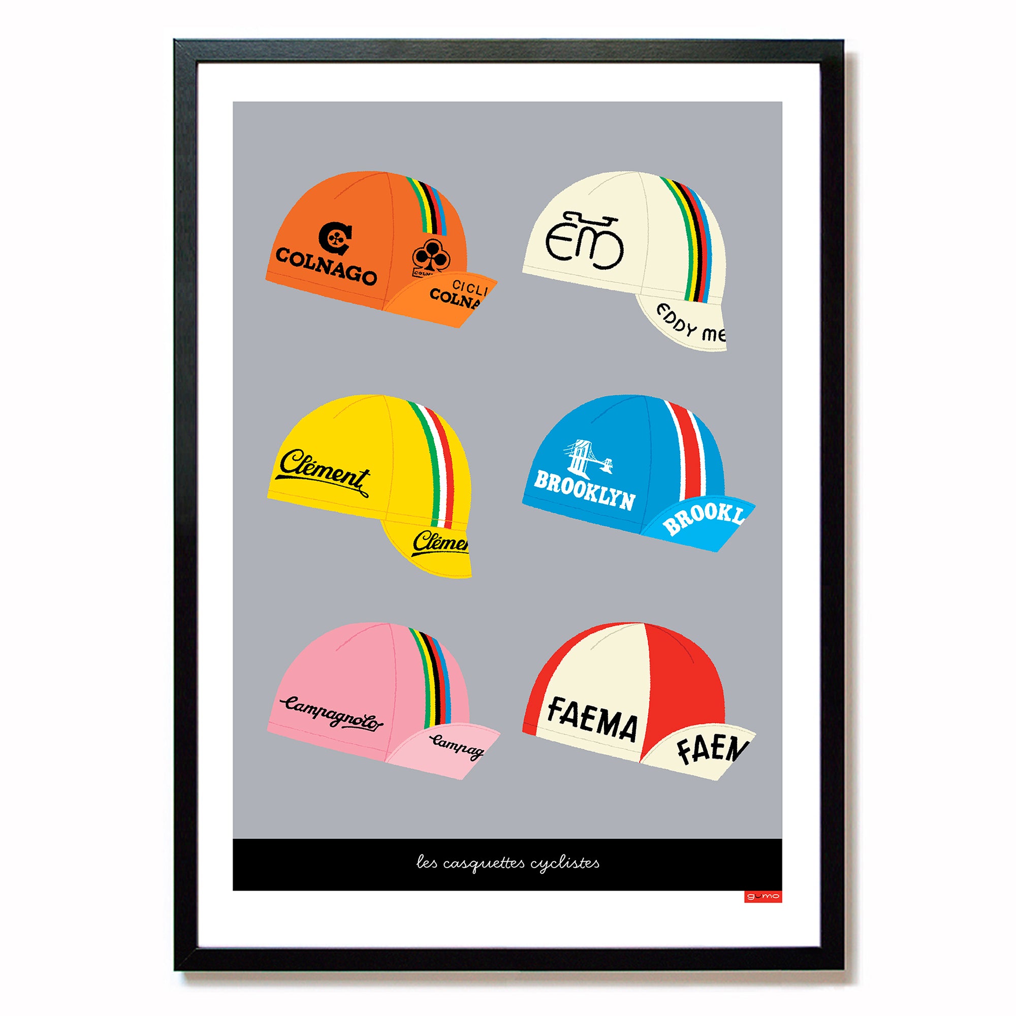 Vintage cycling caps poster, with a light grey background with black frame