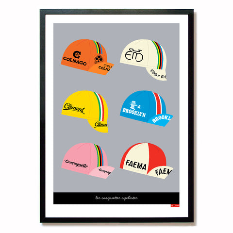Classic cycling caps poster, with a light grey background framed