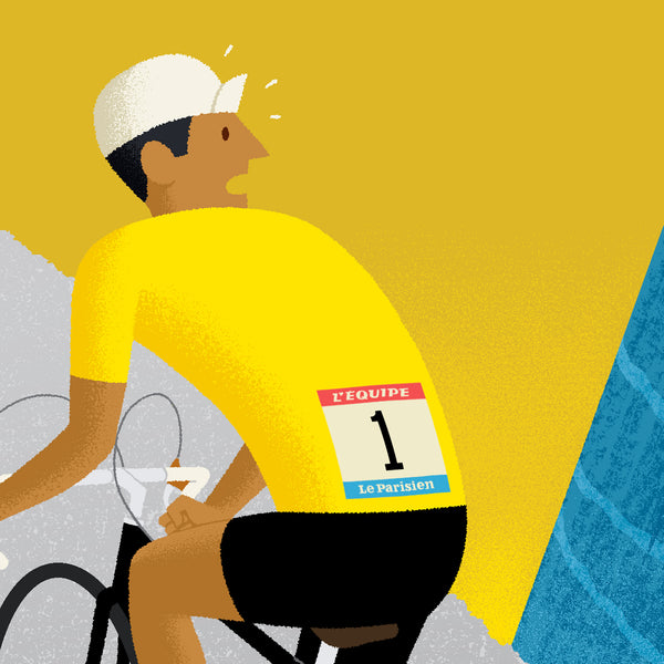 Detail of personalised cycling print 'Breakaway' showing yellow jersey and medium skin tone options