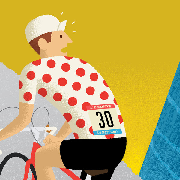 Detail of Personalised Cycling Print, 'Breakaway' showing KOM jersey and race number options