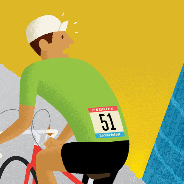 Detail from Personalised Cycling Print 'Breakaway', showing green jersey option