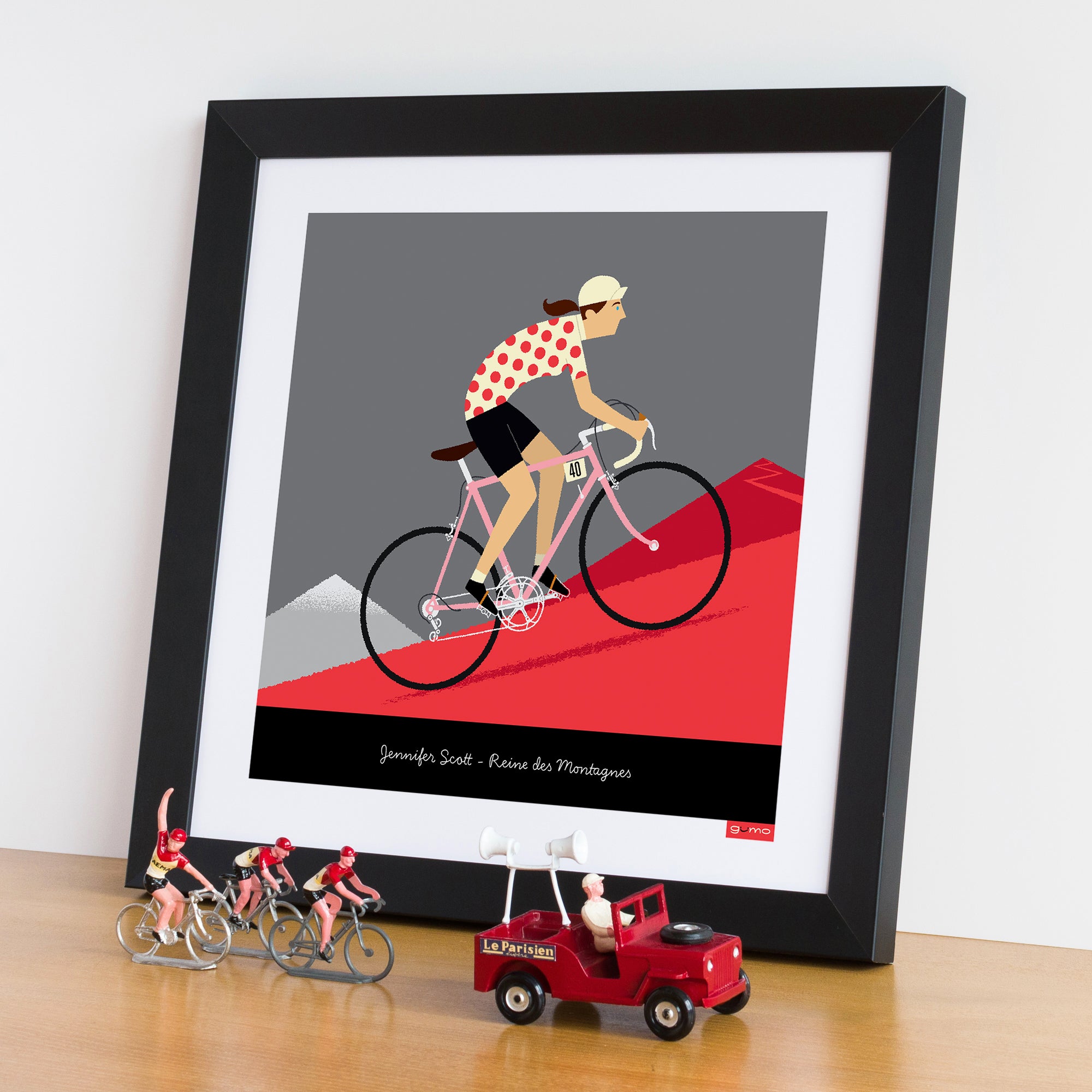 Queen of the Mountains, personalised cycling print with pink bike colour option