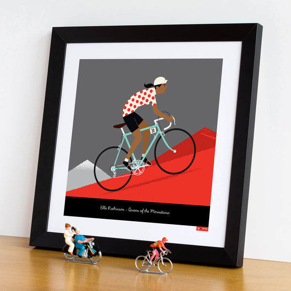 Queen of the Mountains personalised cycling print with long ponytail and dark skin tone options