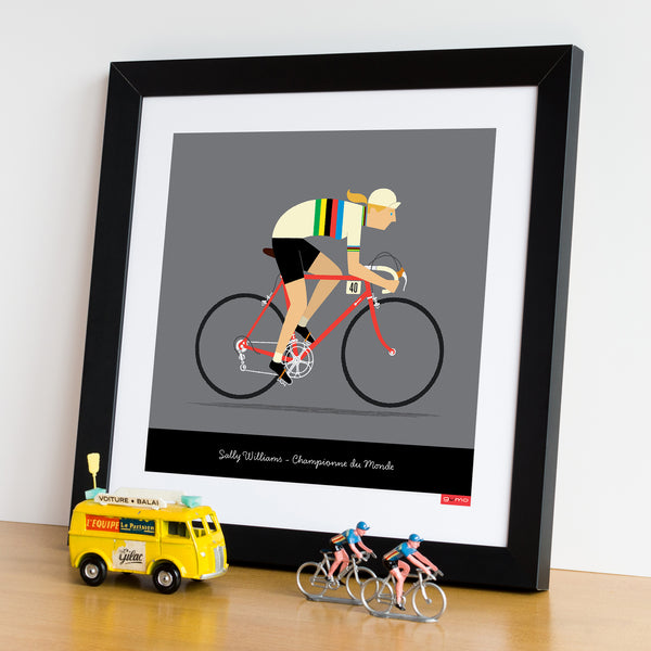 Female personalised rainbow jersey cycling print with red  bike colour option. framed 30 x 30 cm art print