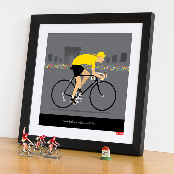 'Female yellow jersey personalised cycling print' with black bike colour option