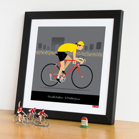 'Female Yellow Jersey Personalised Cycling Print', with fair skin tone and red bike option.