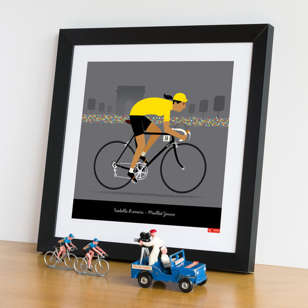'Personalised Female Yellow Jersey Cycling Print', showing medium skin tone and black bike option.