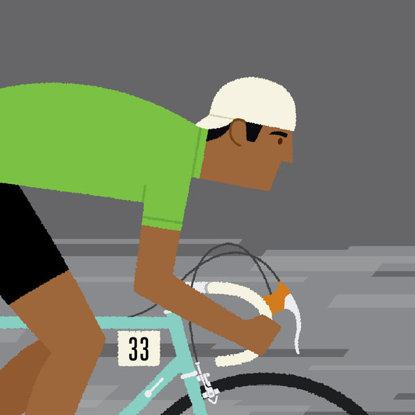 Detail of personalised cycling print, 'Green Jersey' with dark skin tone option