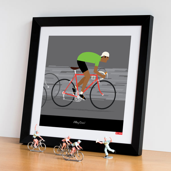 Personalised cycling print, 'Green Jersey' with dark skin tone option. Size: 30 x 30cm framed