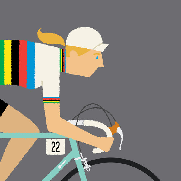 Detail from personalised female rainbow cycling print, with blonde long ponytail, and blue eye colour option