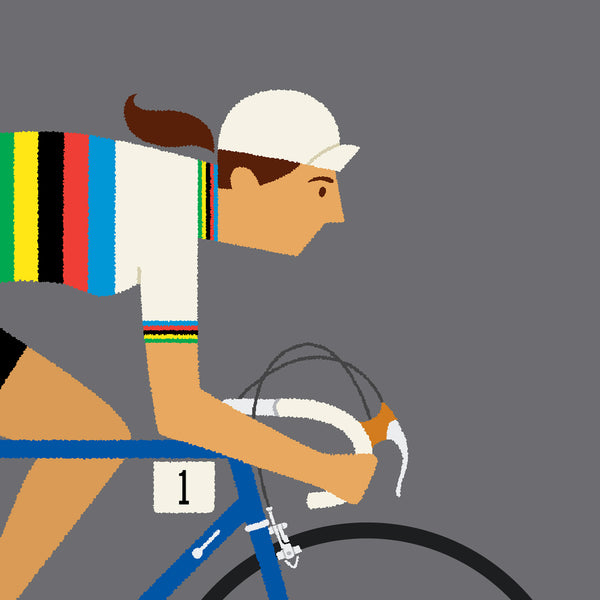 Detail from personalised female rainbow cycling print, showing long dark brown ponytail option