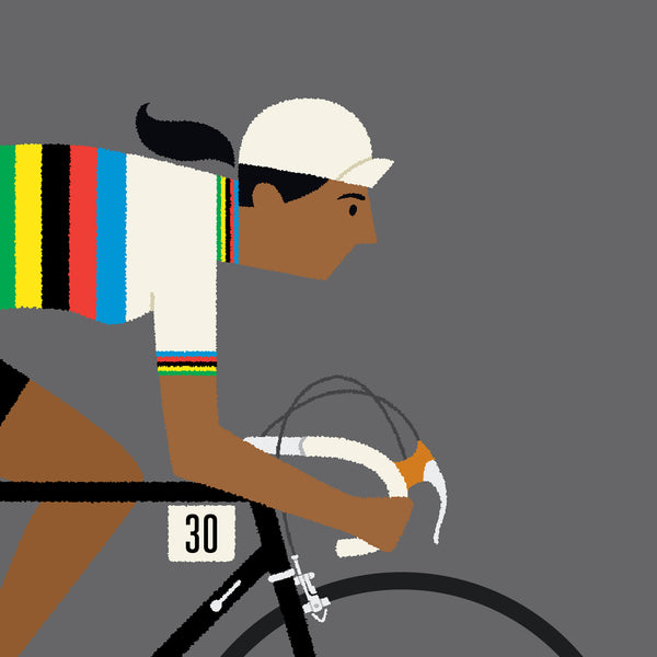 Close up detail showing dark skin tone, long ponytail hairstyle options for personalised female rainbow cycling print