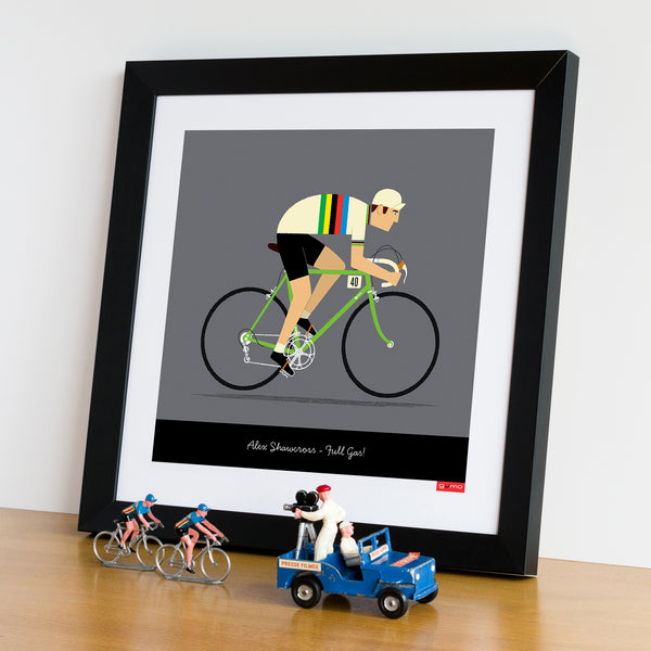 Male personalised cycling print, rainbow jersey, with green bike colour option