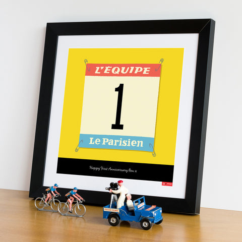 Personalised cycling print, 'Race Number' with jellow jersey option. Size: 30 x 30 cm,  shown in a black frame