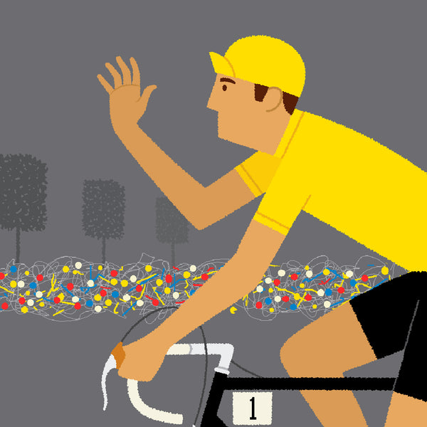 Detail from personalised cycling print, 'Yellow jersey' with medium skin tone  and black bike colour option