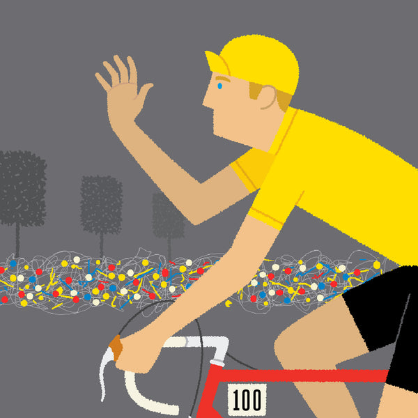 Detail from personalised cycling print, 'Yellow Jersey' with blonde hair and blue eyes option